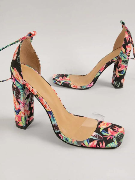 NEW KAYAN FLORAL LACE UP CHUNKY HEEL SANDALS