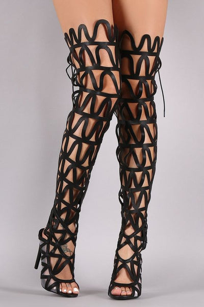 NERISSA BLACK GLADIATOR CUT OUT BOOTS