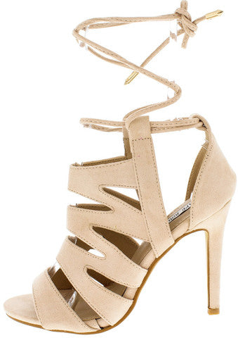 BEIGE CUT OUT LACE UP ANKLE HEEL